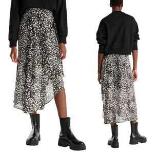The Kooples Skirt Women Medium Black White Animal Flowing Long Asymmetric‎ Midi